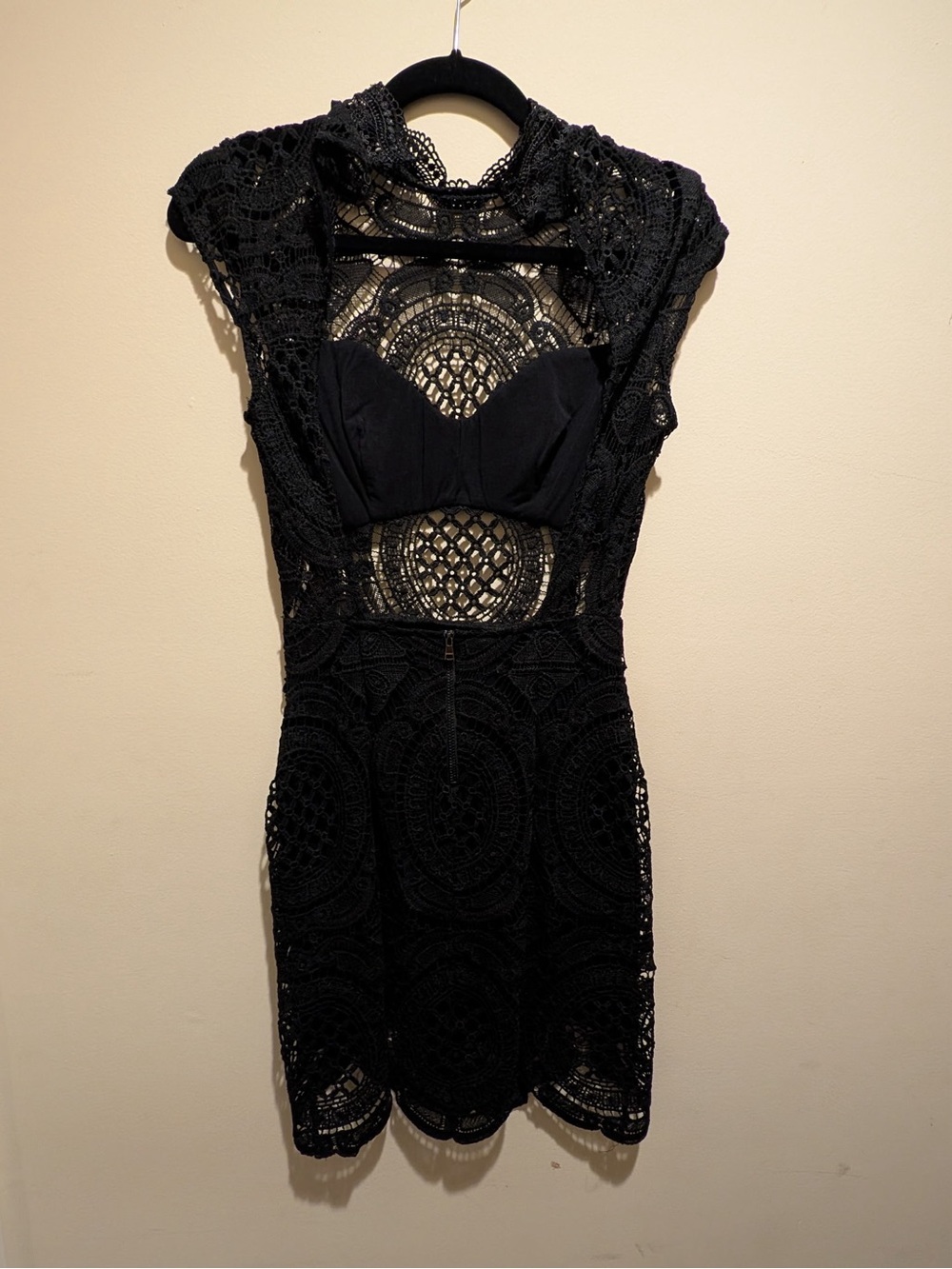 bebe Black Lace Crochet Mini Dress with Sheer Insets
